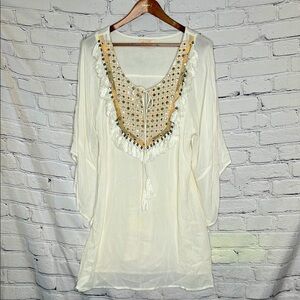 Miss June Paris Cream Beaded & Embroidered Long Sleeve Dress Size Large